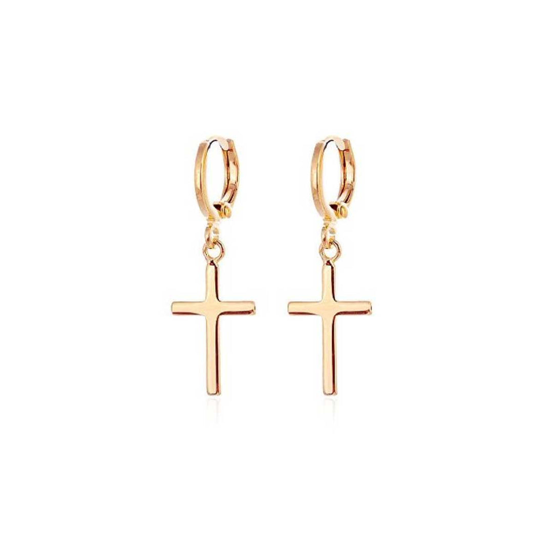 Aretes argollas cruz oro amarillo 18 kilates